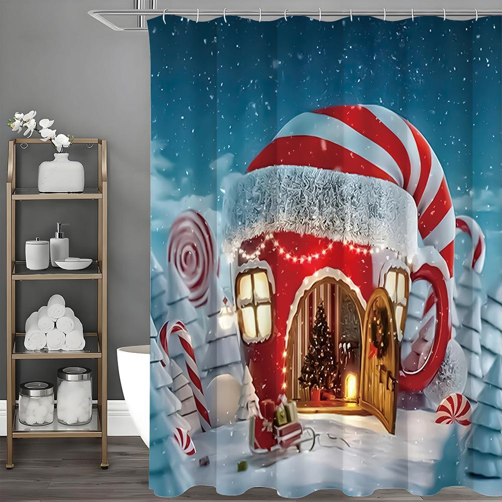 GAEChristmas Candy Cottage Shower Curtain Washable Dirt-Resistant Shower Head waterproof Polyester Bath Curtain For Home Decor