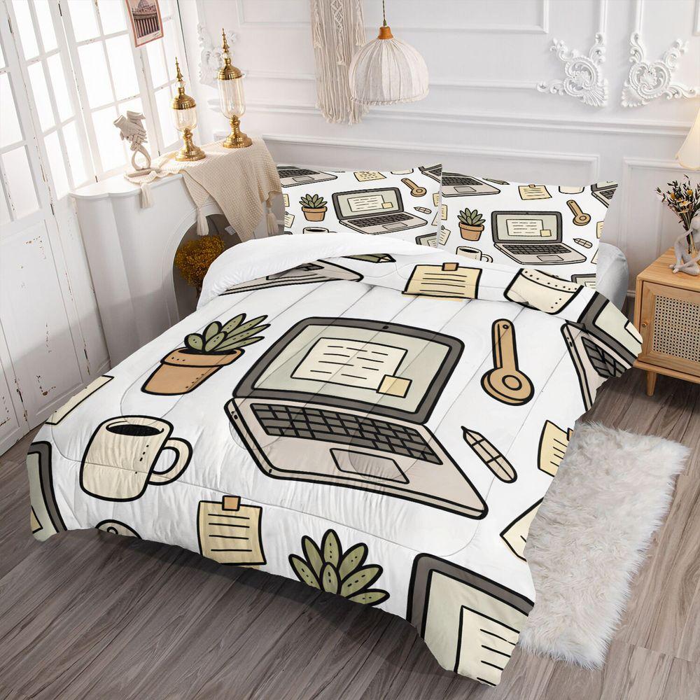 Office Plant Laptop Digital Print Comforter Set Quilt Bedding Set With Pillowcase Minimalist Worker Guest Bedroom Decor