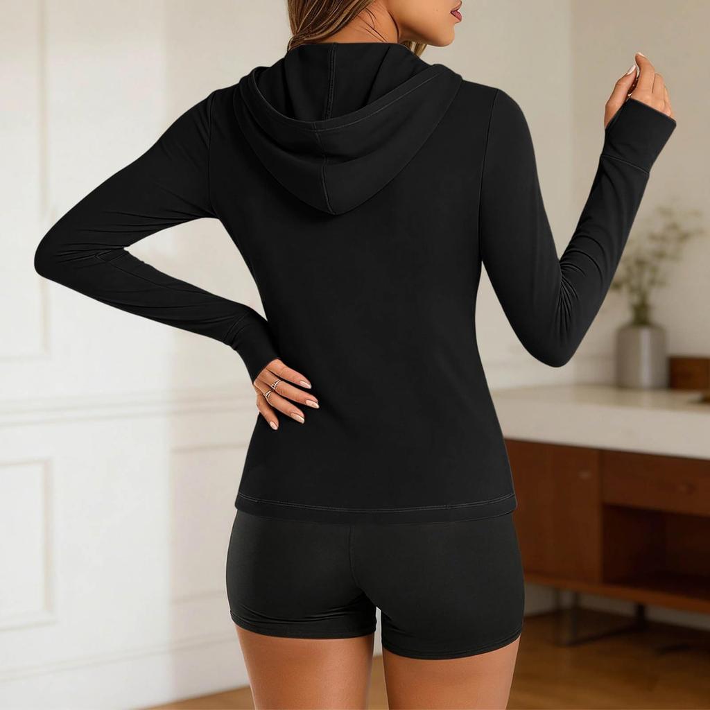 Women’s Casual Hooded Zip Up Jacket with Thumb Holes Long Sleeve Slim Fit Breathable Lightweight Top for Everyday Wear