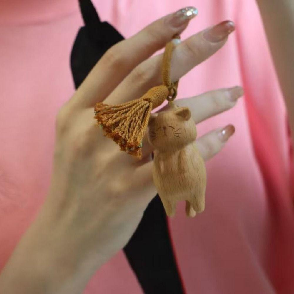 Cartoon Animal Wooden Carved Cat Keychain Weave Rope Carved Cat Keyring  Gifts