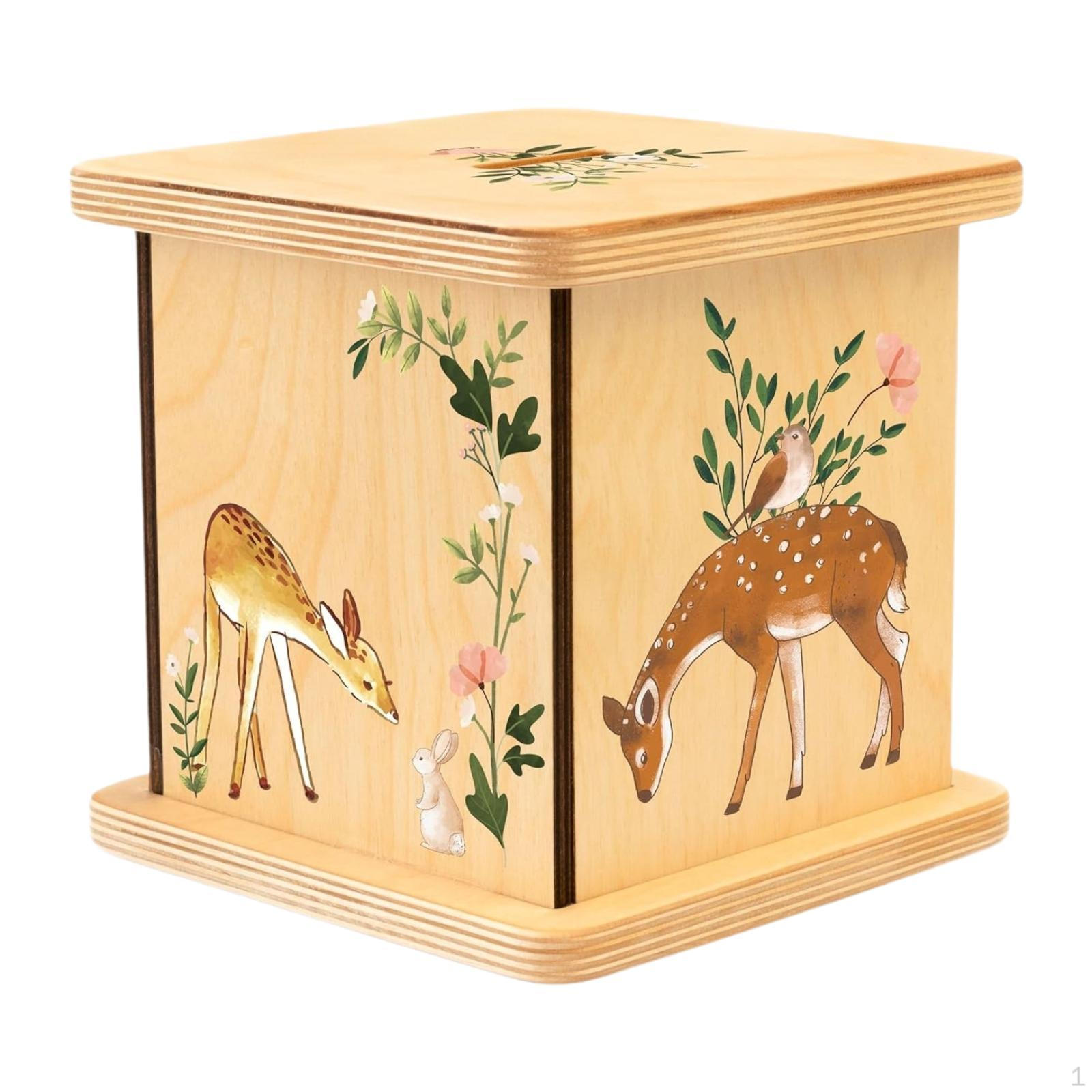 

Piggy Bank Bedroom Decoration Wooden Money Wood Box Collectible Organizer with Natural Deer