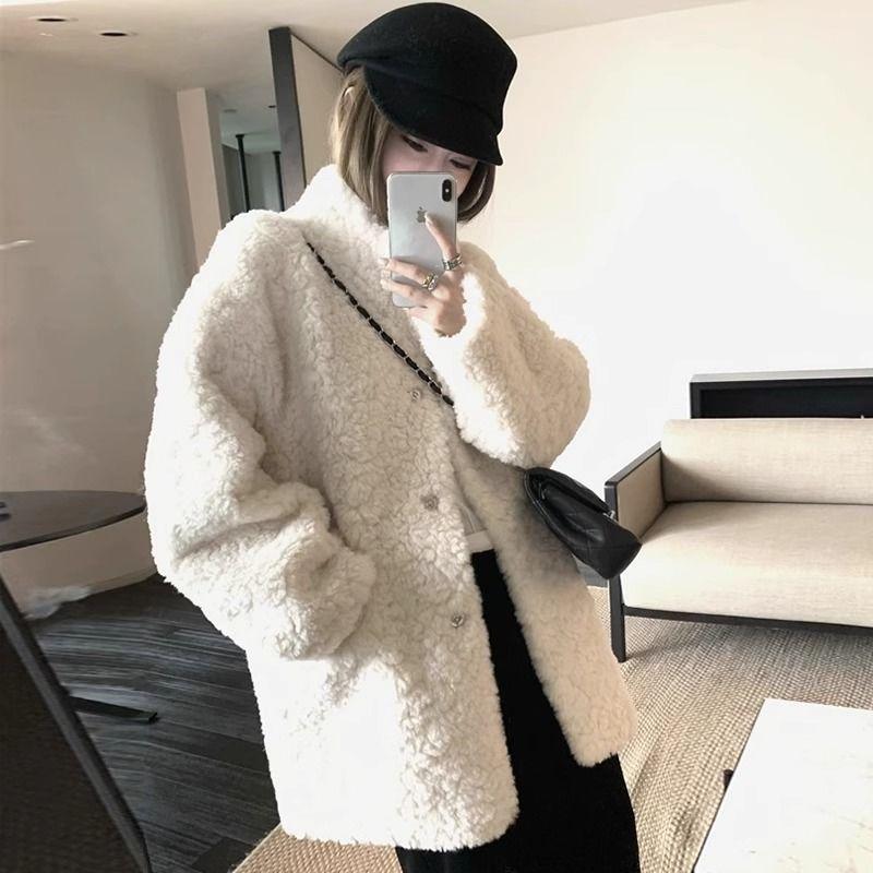 Autumn Winter Lazy Wind Midi Faux Fur Integrated Hair Solid Flip Collar Fashion Thermal Women Loose Comfortable Casual Coat 2024
