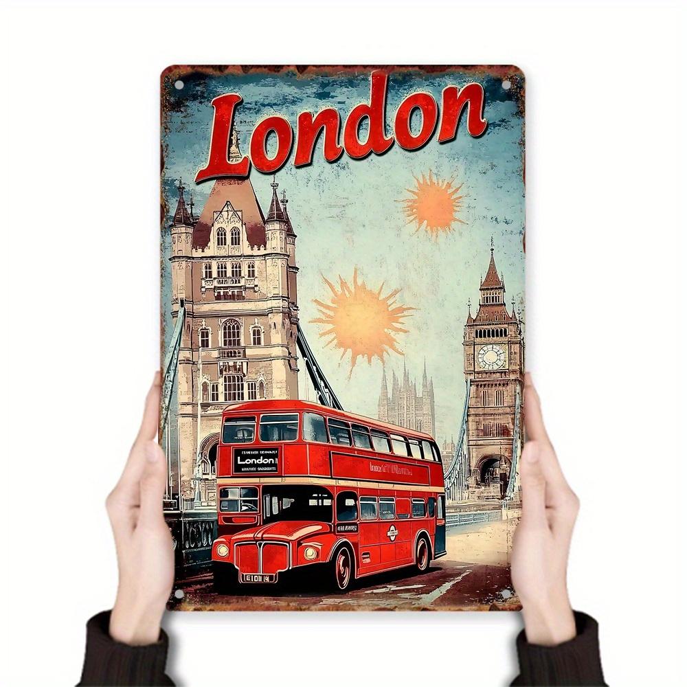 Vintage London Bus Metal Wall Art Sign Durable MoistureResistant Tinplate Decor with Big Ben Red Design for Home Gard