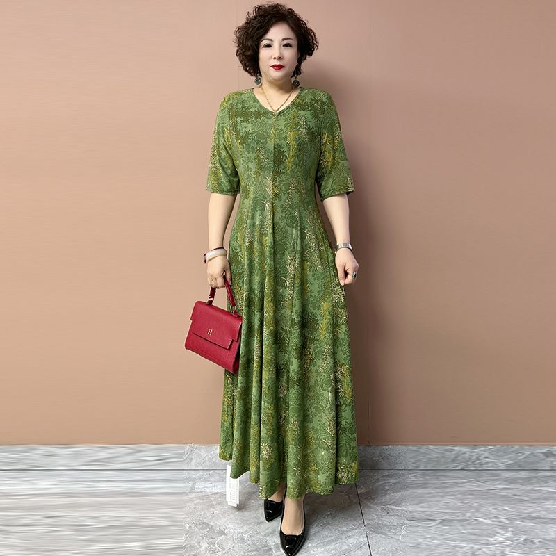 Summer Women's V-Neck Floral Dress Slim Fit Stretch Plus Size Dress Long Casual Dress