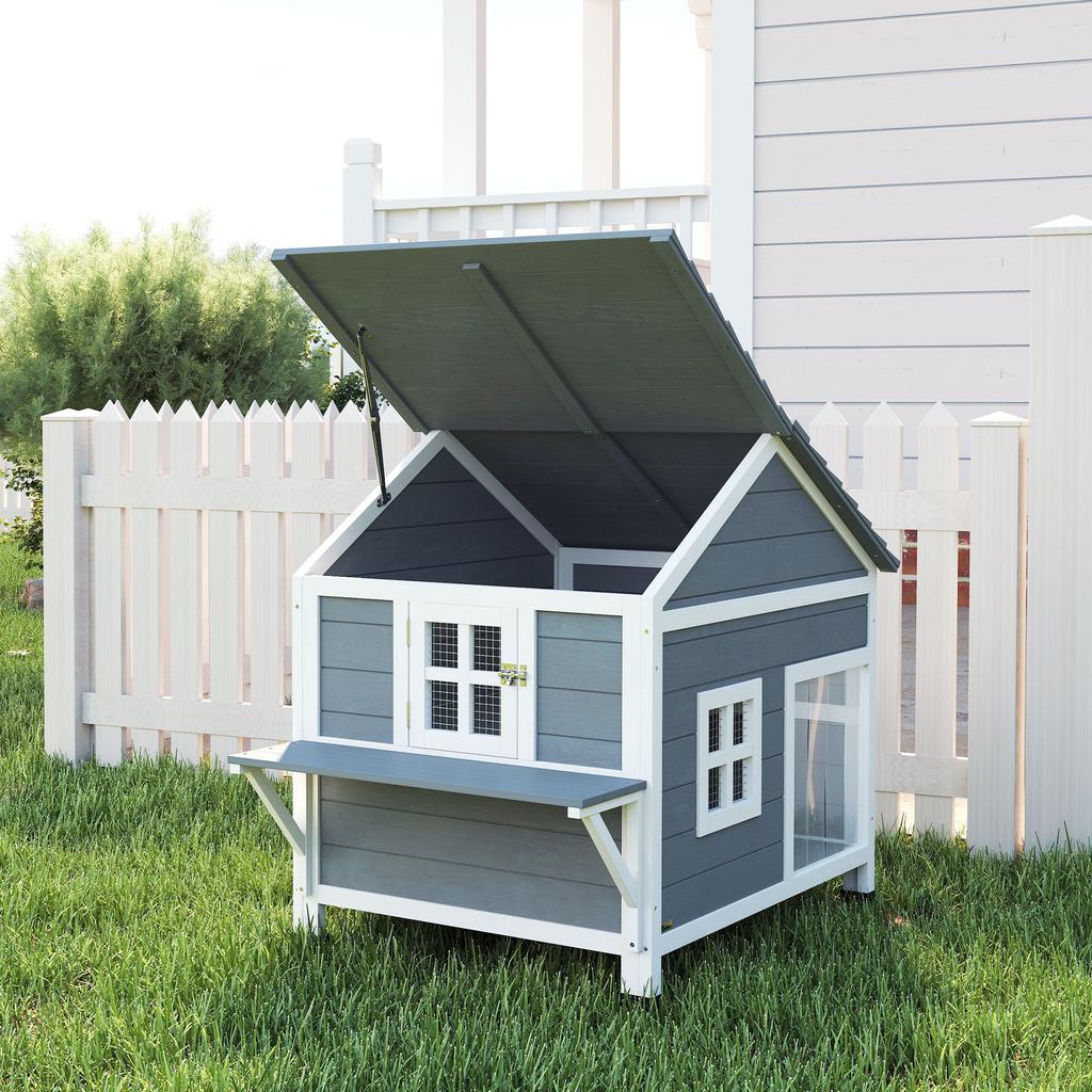 Wooden Cat House, 2-Story Cat Den with Waterproof Flip-Up Roof, Side Platform, 101x72.5x81cm, Grey