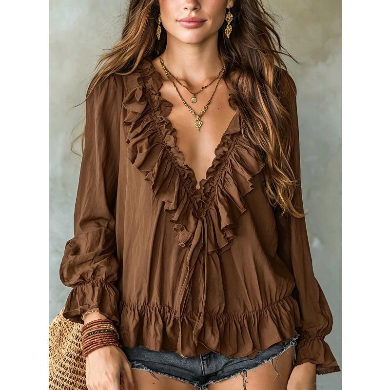 HNXC Women's Fashion Spring Autumn Long Sleeve V-Neck Casual Blouses & Shirts Classic Exquisite