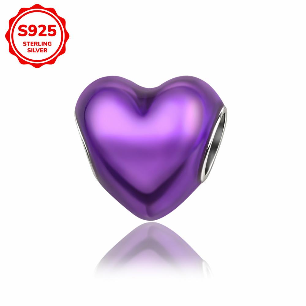 New 925 Silver Colorful Shine Heart Shaped Charms Beads Fit Snake Chain Bracelet Necklace Women DIY Fine Jewelry Gifts