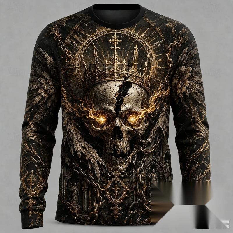 Men Dark Gothic Skull Dragon Reaper 3D Print Long Sleeve T-Shirt Horror Graphic Casual Long Sleeve Tops