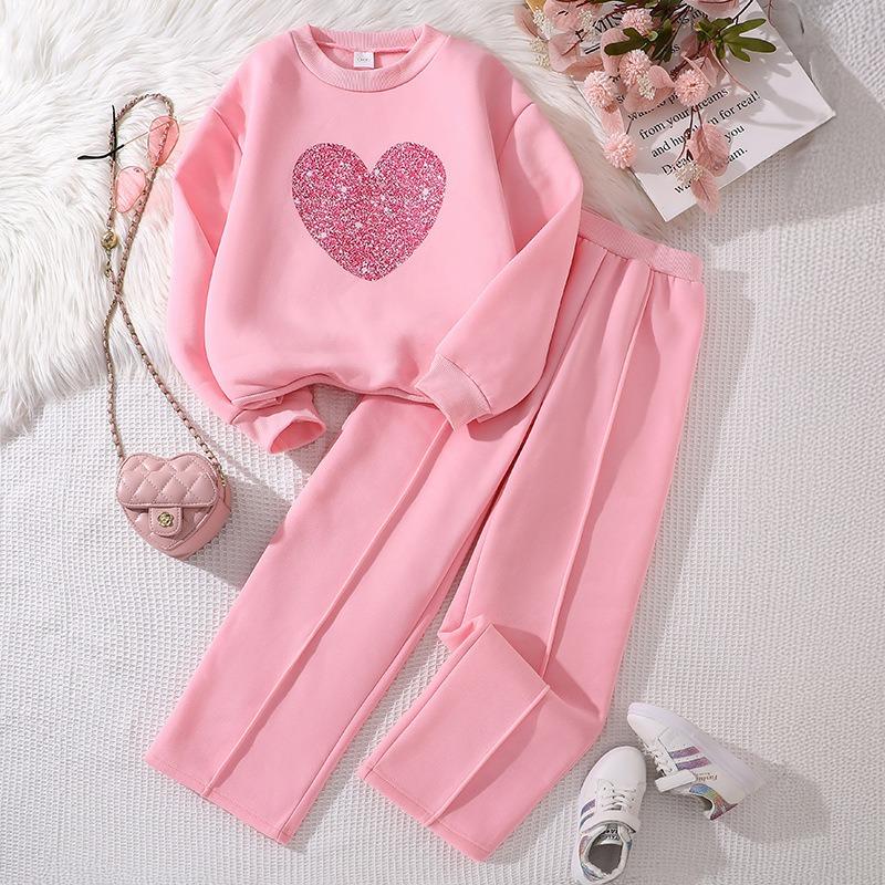 Girls' Big Kids 2-Piece Outfit Set Heart Print Long Sleeve Sweatshirt with Casual Wide Leg Pants Trendy Fall Winter Wear