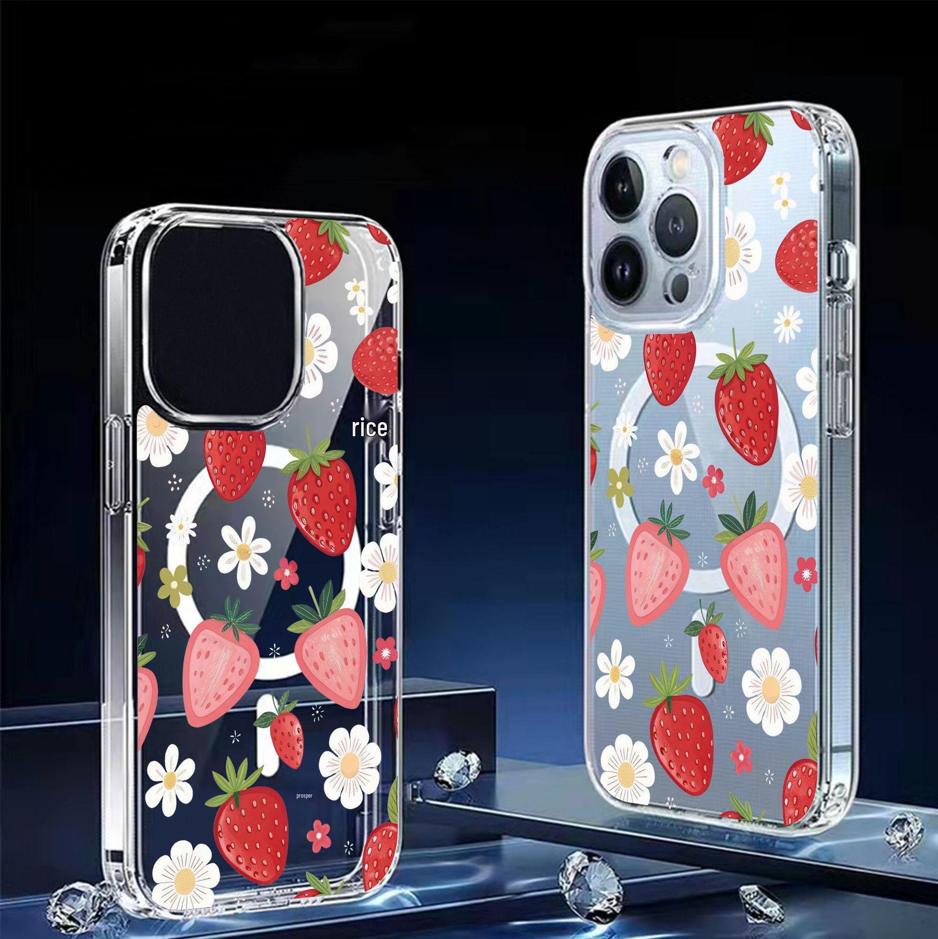 

Магнитный чехол с клубничным цветочным принтом для iPhone 15/16/17 Pro Max - Полностью прозрачная защита телефона. iPhone 12/12 Pro прозрачный