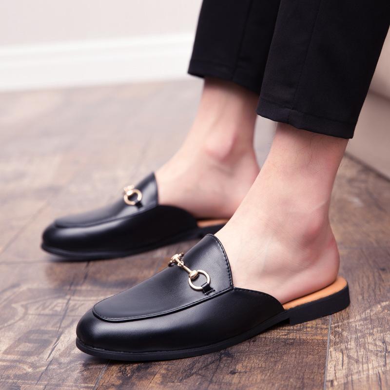 Half Slippers Summer No Heel Lazy Couple Slippers Horse Buckle Bean Shoe Leather Slippers
