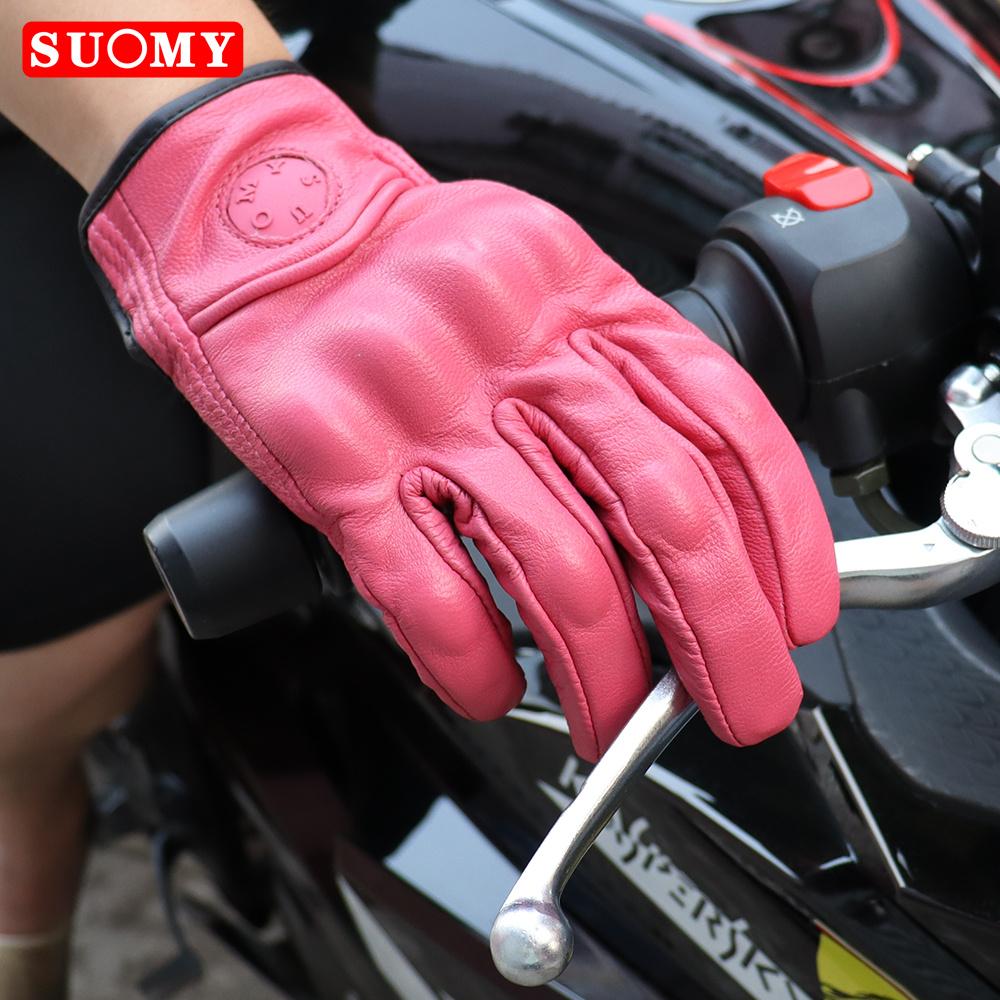 SUOMY Lady Pink Retro Leather Motorcycle Gloves Women Touchscreen Motocross Gloves Hard Shell Protective Motorbike Glove XS-L