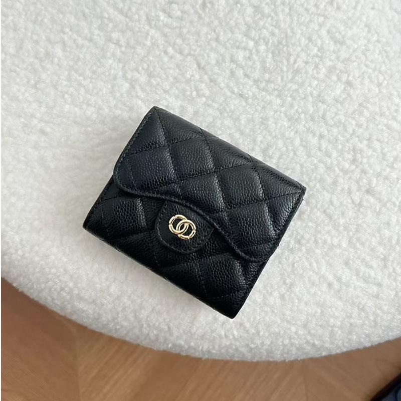 2026 New Caviar Patterned Cowhide Long Three Fold Wallet Hand-held Bag Chain Strap Crossbody Genuine Leather Women's