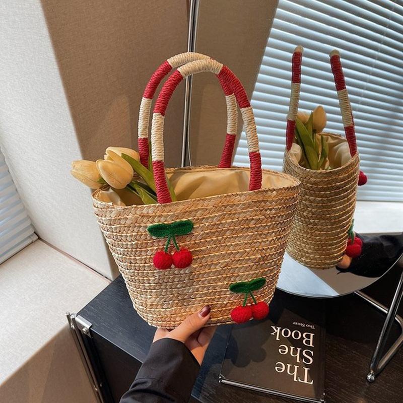 Yogodlns New Woven Women s Bag Handmade Grass Woven Handbag Fashion Embroidery Versatile Shoulder Bag Beach Bag small бежевый