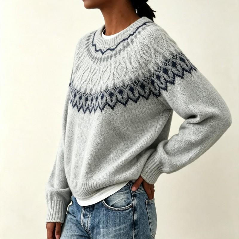 Womens Oversized Crewneck Knit Sweater With Fair Isle Colorblock Soft Acrylic Blend Loose Fit Winter