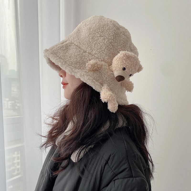 Cute Plush Bear Doll Fisherman Hat Women Autumn and Winter Korean Version Warm Lamb Fur Pot Hat Japanese Bucket Hat