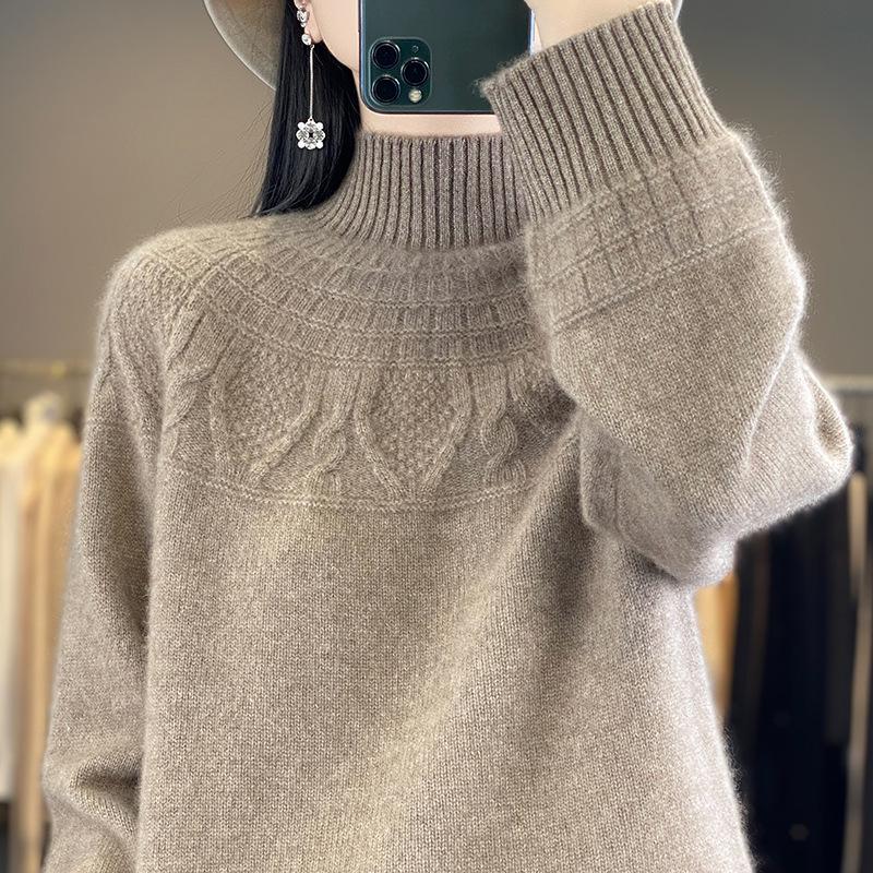 Women's Cashmere Sweater, 100% Wool, Semi-High Neck, Loose Fit, Perfect for Autumn and Winter.