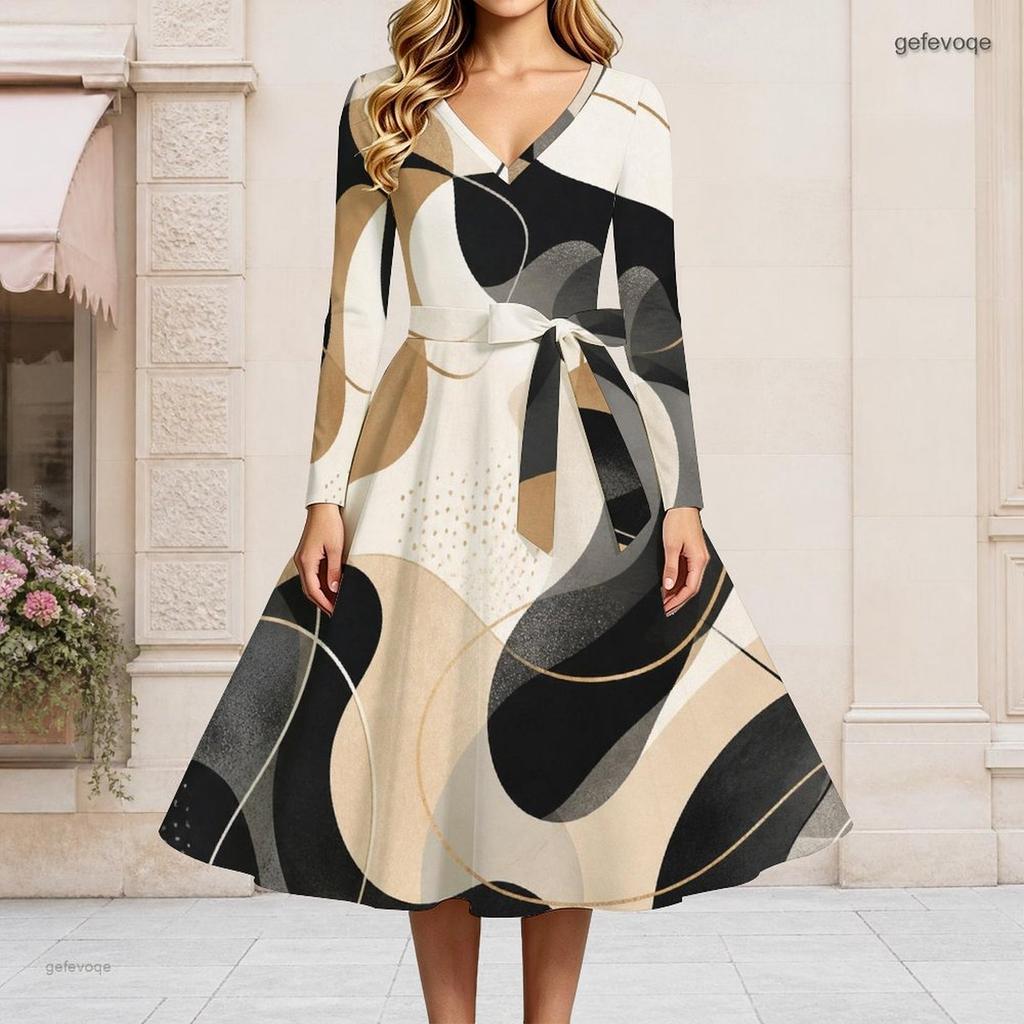 Women Plus Size V Neck Long Sleeve Printed A Line Flared Midi Dress With Belt