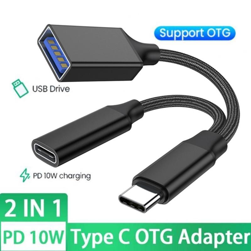 USB C OTG Adapter, 2 In 1 USB C Splitter with PD10W Fast-Charging Type-C Otg and USB A Female Port Nylon Braid Cable