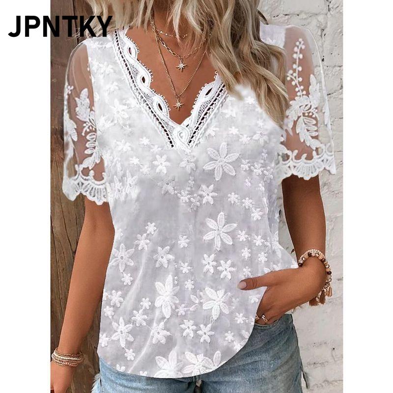 JPNTKY Women's Fashion Casual Solid Color Print V-Neck Short Sleeve Blouses & Shirts
