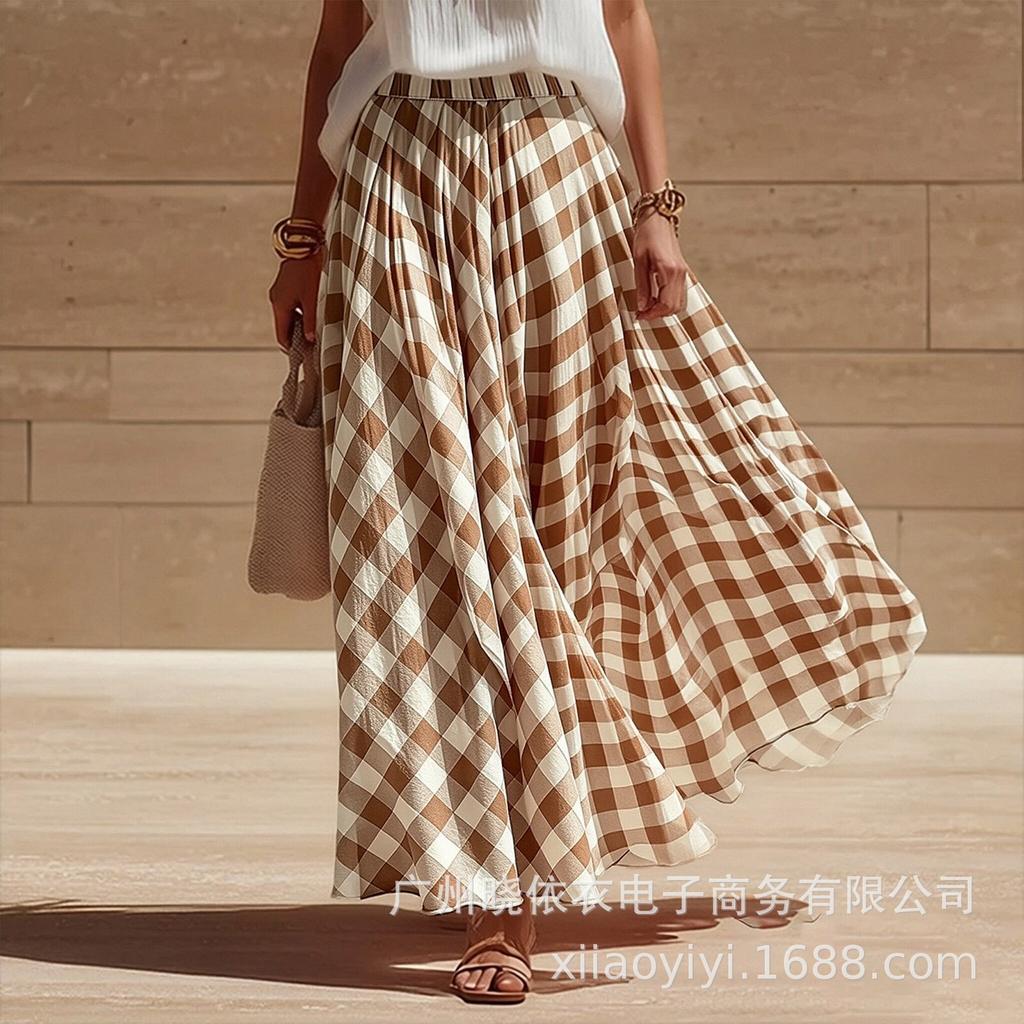 Women's High Waist Plaid Midi Skirt A-Line Flowy Layered Summer Skirt Multi Color