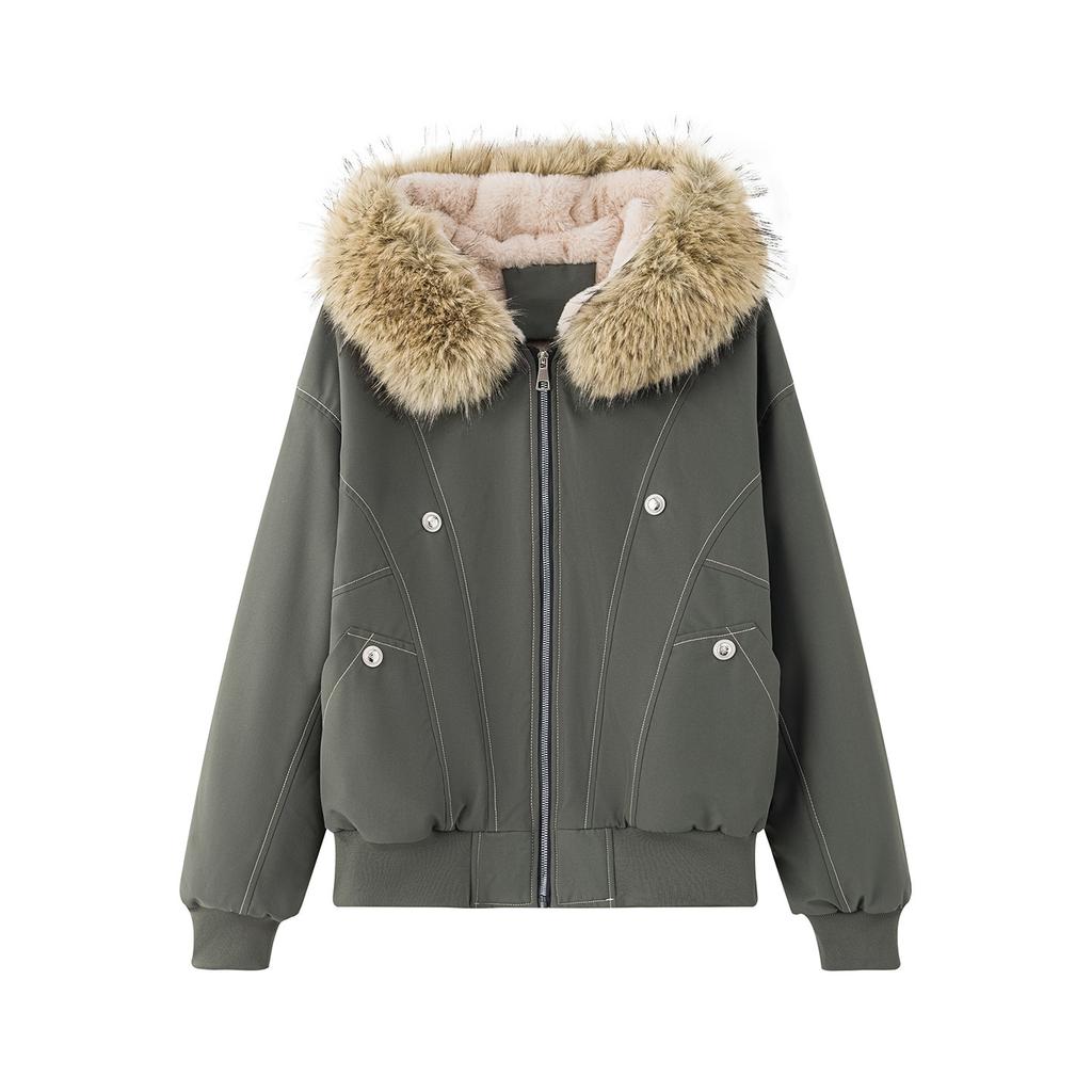 Winter retro big fur collar hooded pie overcomes women's full body lamb wool inside short loose tooling thickened cotton-padded clothes
