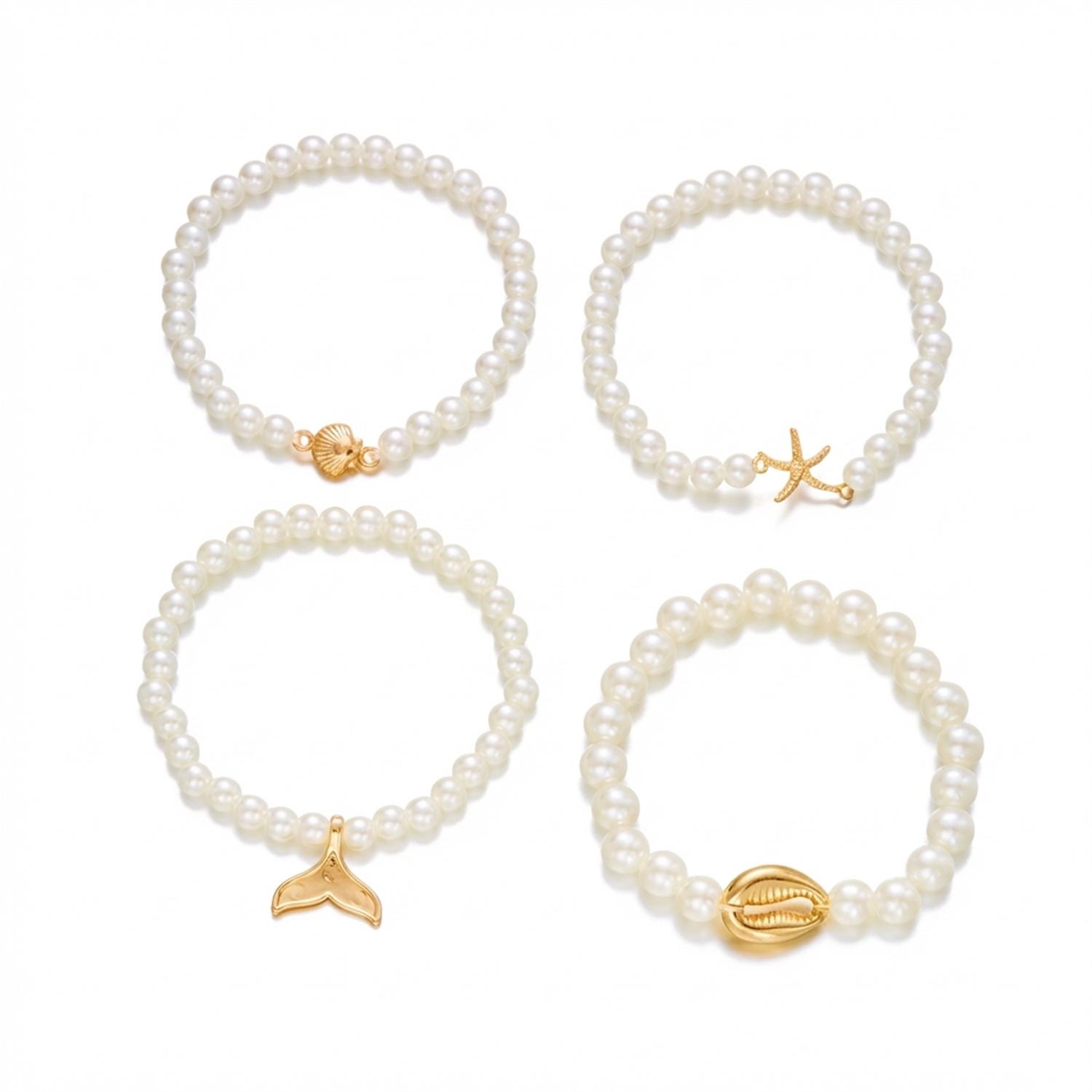 4Pcs/Set Pearl Starfish Shell Fishtail Bracelet Set Bohemian Ocean Theme Bracelet For Girls