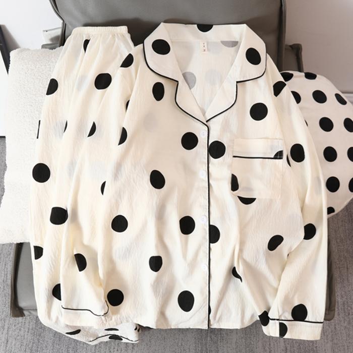 Cute Cherry Flower Bow Tie Print 2 Pieces Women's Pajamas Set Button V-neck Design Women's Sleepwear Cartoon Homewear
