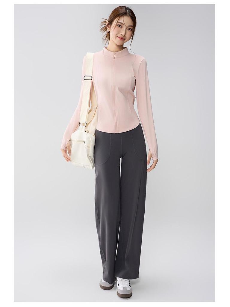 Full-Zip Yoga Suit with Pockets: Slimming Long Sleeve Top for Running & Fitness