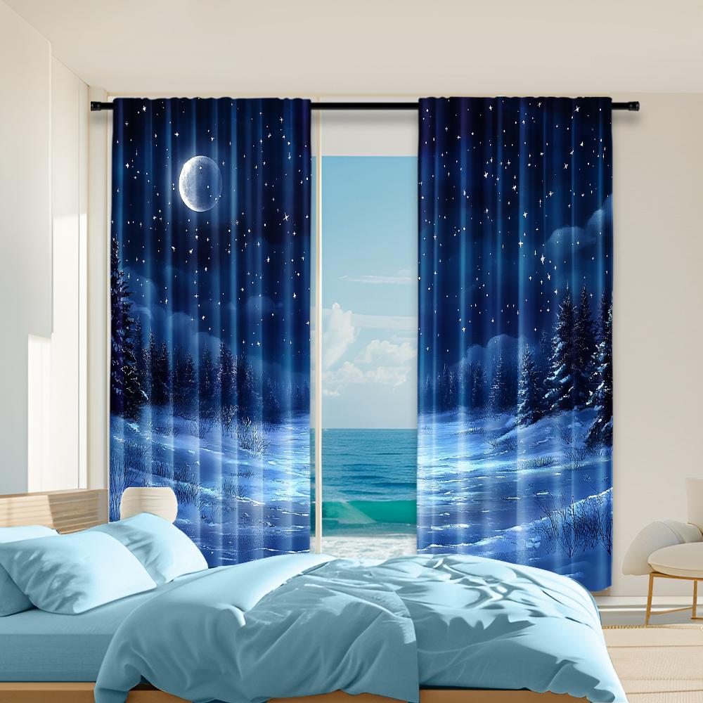 

2 pcs, versatile polyester transparent curtains for home decoration Night Sky & Snow Scene for use in bedrooms and living rooms 29x65in(75x166cm)