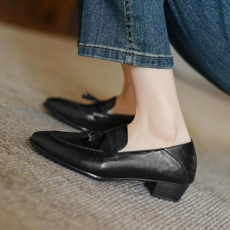 Fashion Women's new spring and autumn genuine leather cowhide bow comfortable mid heel round toe loafers casual single shoes for walking