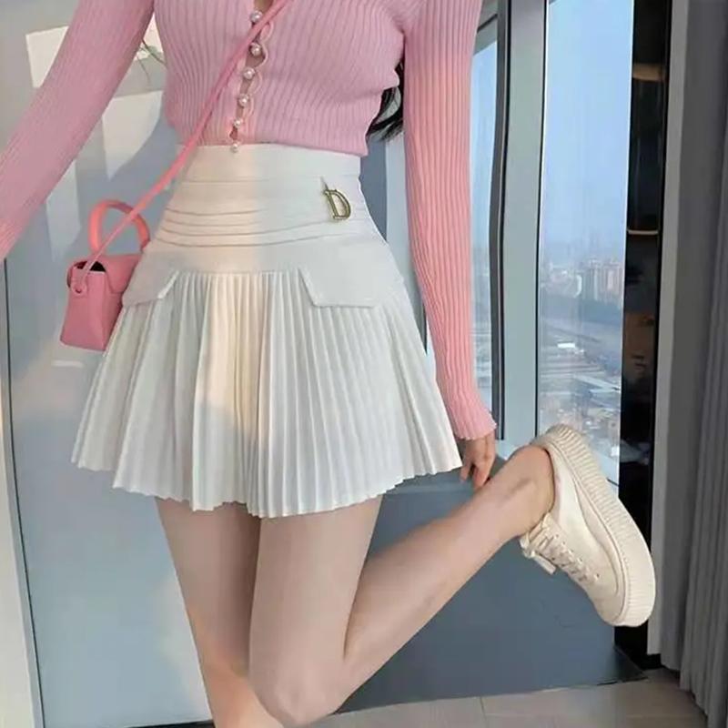 Black White Pleated Skirts Casual Slim College Women Korean Elastic High Waist Mini Metal Letter D A-line Skirts Clubwear