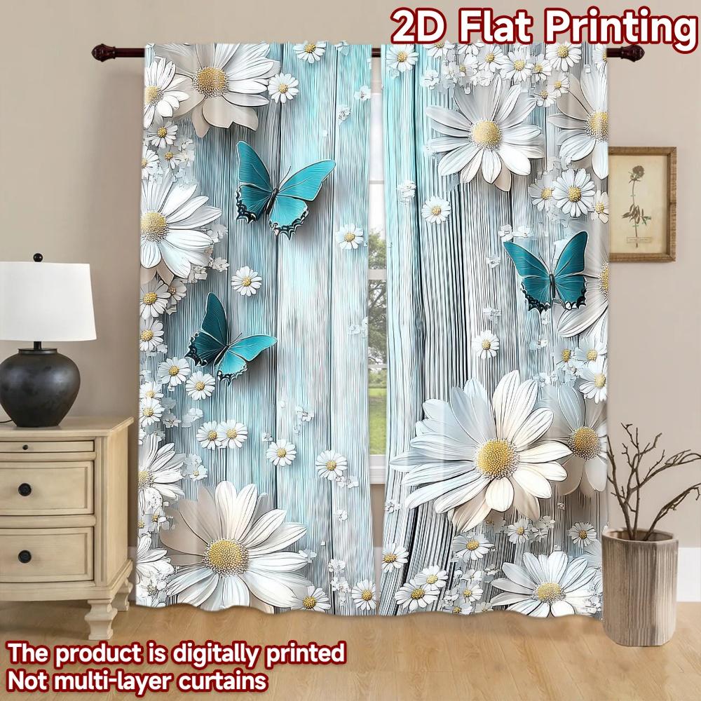 2D flat Photography Backdrop Party Backdrop Butterflies and Daisies on Blue 100% Polyester Vibrant Reunion for Booth seats