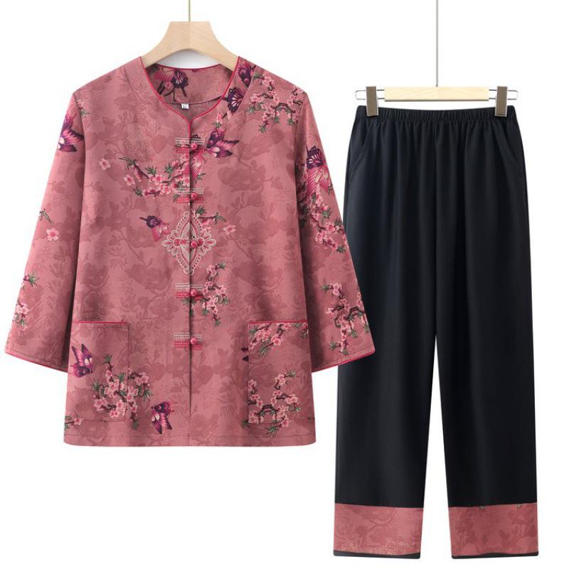 

Летний костюм бабушки: Женская рубашка со средним рукавом и брюки для людей среднего и пожилого возраста 5XL (150-160 jin)