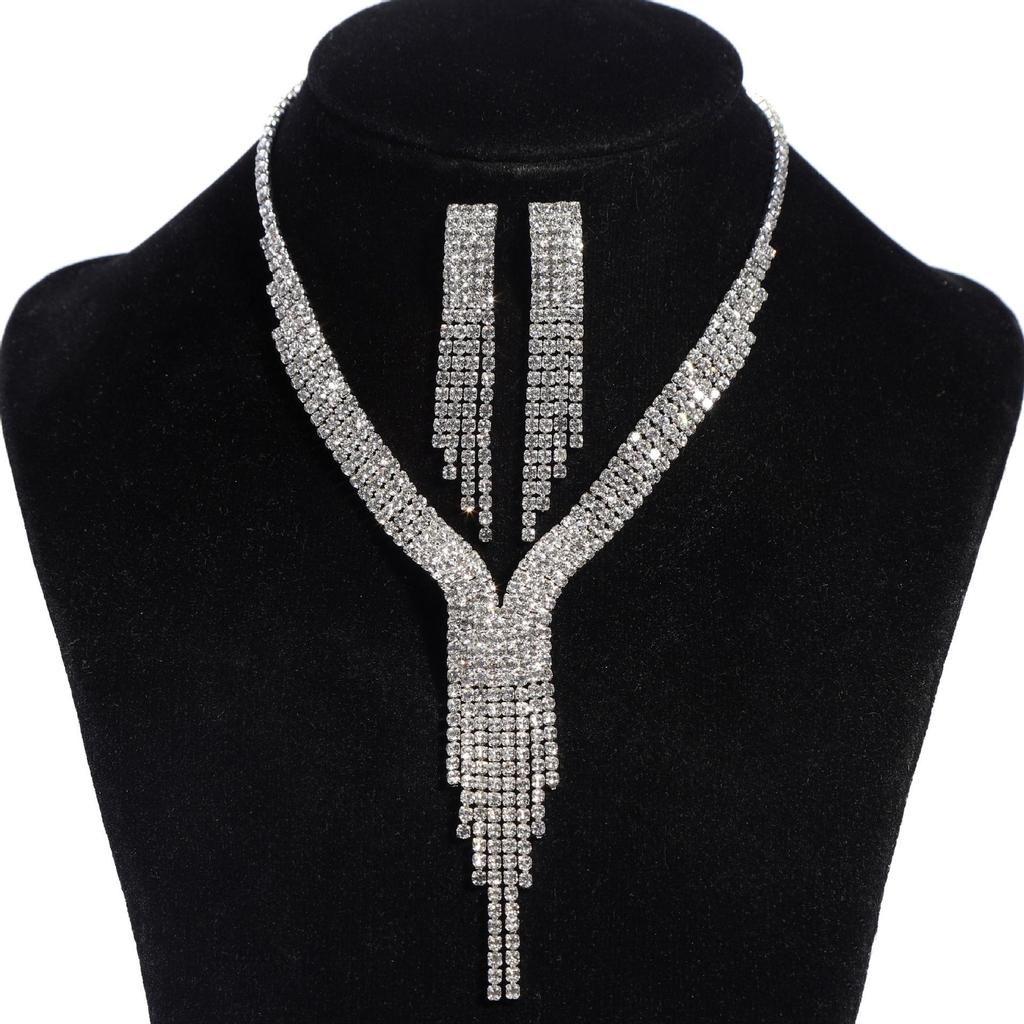 Retro Full Diamond Tassel Clavicle Necklace & Earring Set with Rhinestone Chain - Elegant Evening Accessory for Women