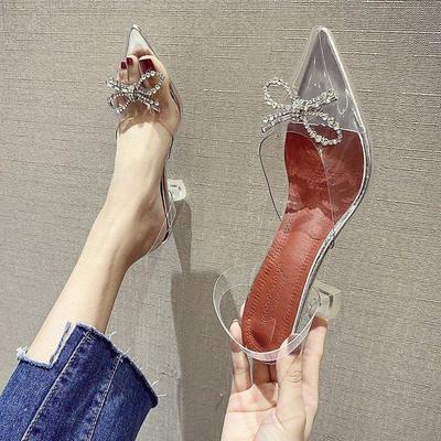 Verão Novos Sapatos Femininos Bico Fino Sexy Transparente Laço Strass Copo De Vinho Sandálias De Salto Alto