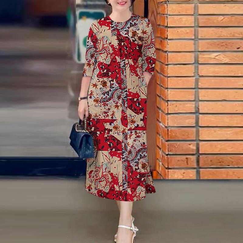 ZANZEA Women Casual Round Neck 3/4 Sleeve Loose Print Dress