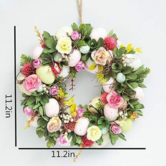 DearSun 11.2" Spring Wreath Easter Wreath with Flowers, Eggs, Green Leaves and Twine, Hanging on Home Indoor Outdoor Front Door Wall