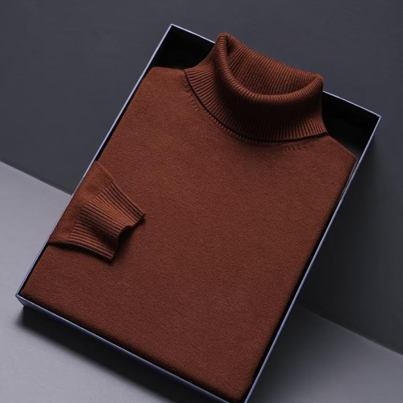 Men's Slim Fit High Neck Solid Color Knit Pullover - Korean Style Winter Base Layer Sweater