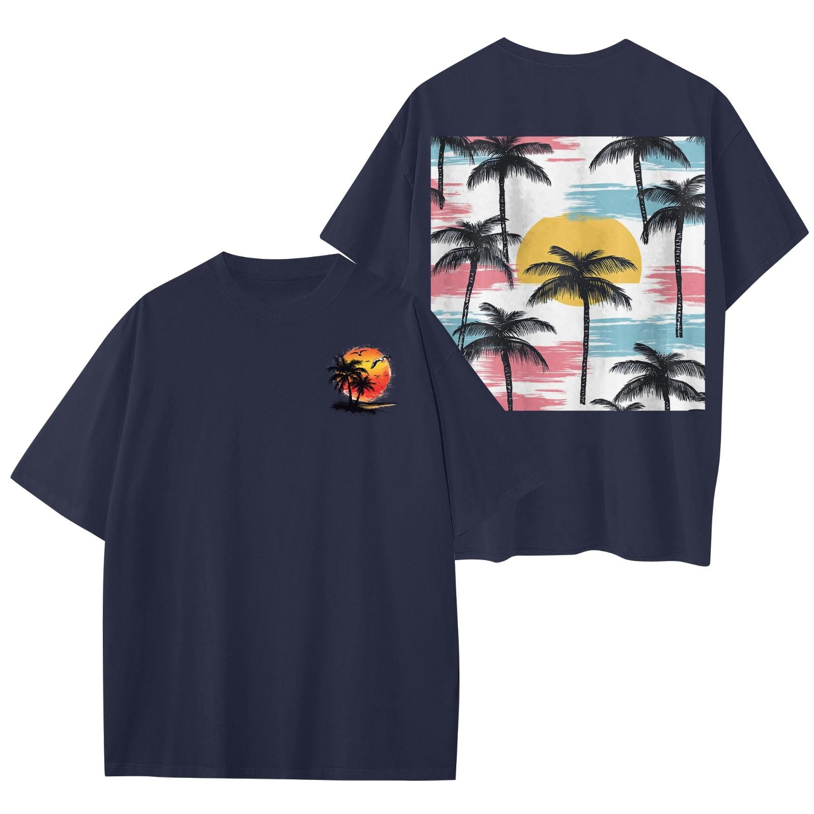 

Женский круглый вырез модный свободный гавайский принт короткие рукава L тёмно-синий