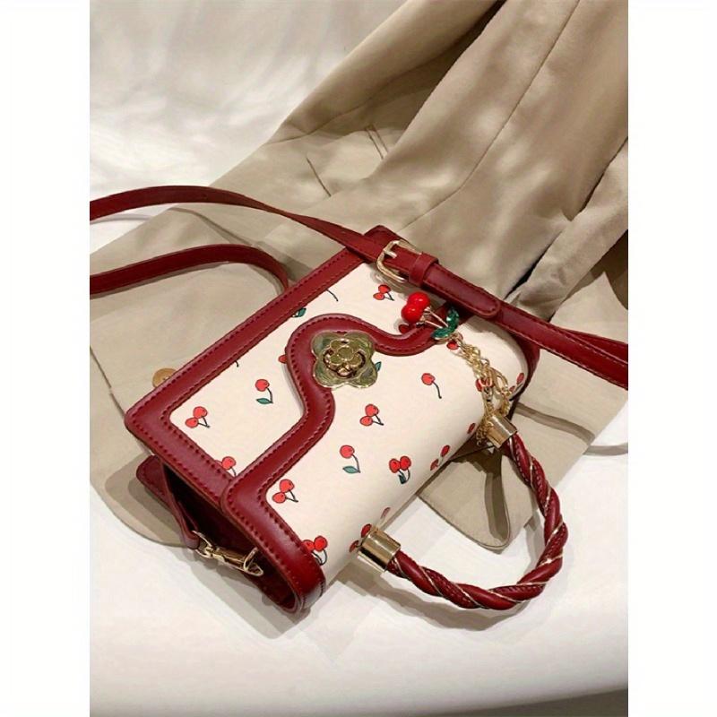 Fashionable High-End Pu Tote Bag With Versatile Square Shape And Cute Cherry Print, Perfect For Shopping, Dating Or Cross-Body For Girls