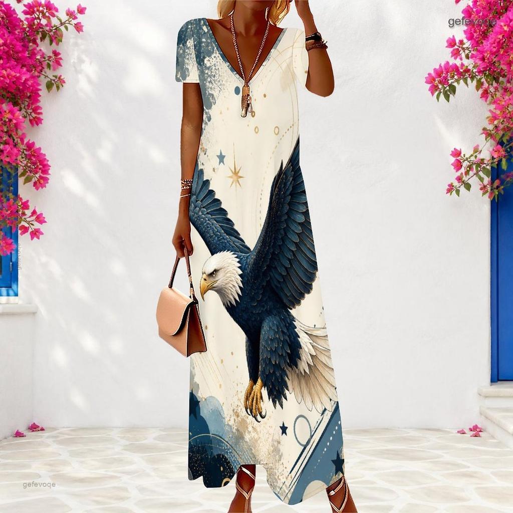 Women Plus Size V Neck Short Sleeve Galaxy Star Printed Maxi Dress