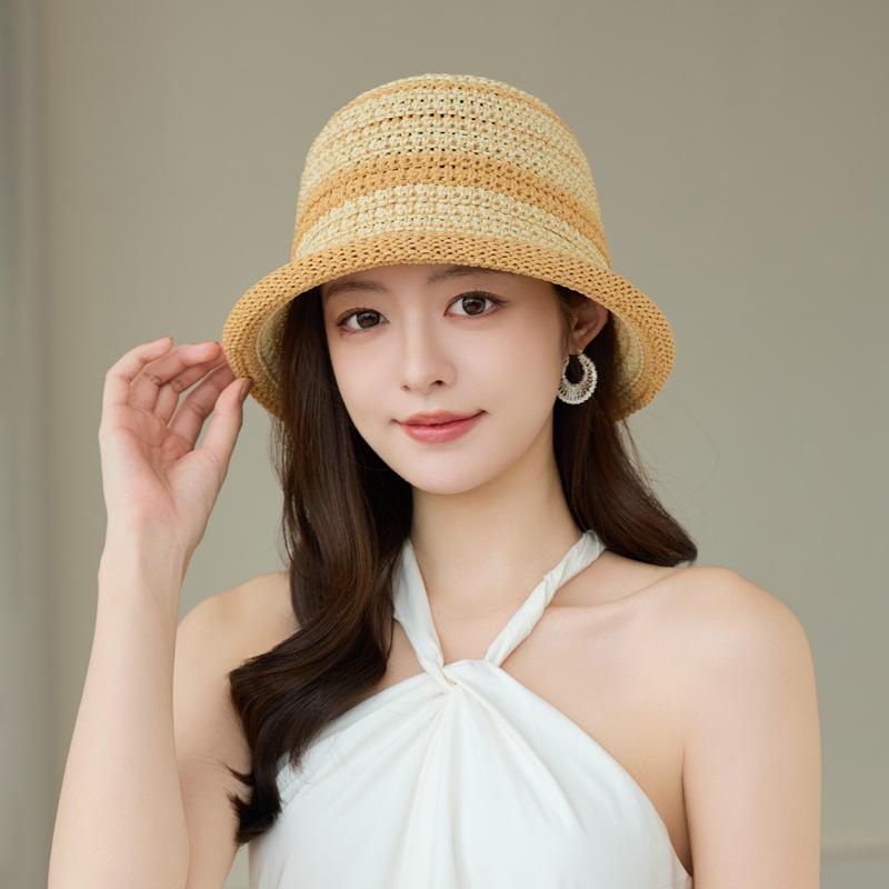 

Japanese summer seaside vacation sunshade ruffle leaf edge bucket hat women s retro color mixing foldable breathable sunscreen straw hat tide One size хаки