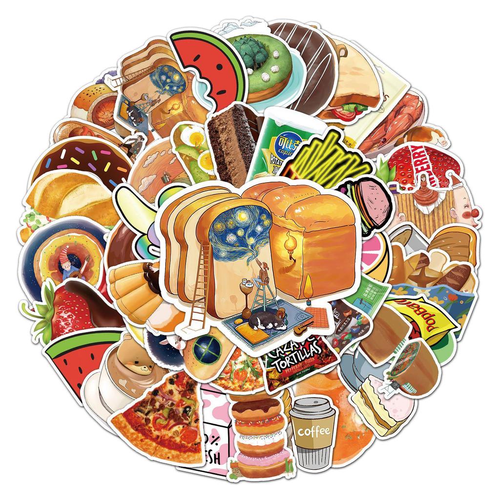50 Cute Cartoon Food Stickers - Waterproof, Perfect for DIY Journals, Phone Cases & Milk Tea Cup Decoration
