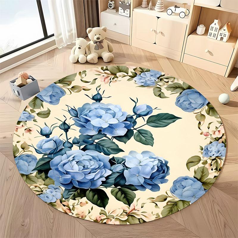 Free Shipping Round Floral Carpet with Blue Roses for Elegant Living Spaces Round Carpet for Home Sofa Bedroom,gift