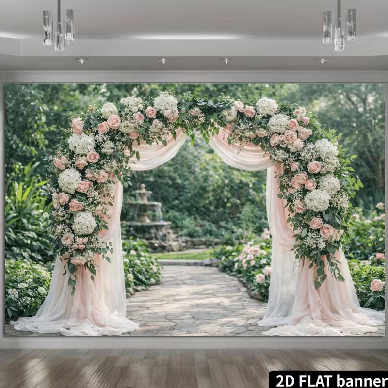 2D Romantic Floral Wedding Tapestry, Blush Pink Arch Garden Background