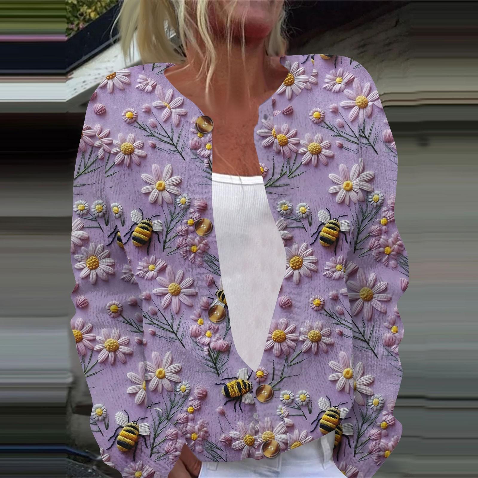 

Женская повседневная мода ретро цветочный принт длинный рукав кардиган куртка на пуговицах M фиолетовый