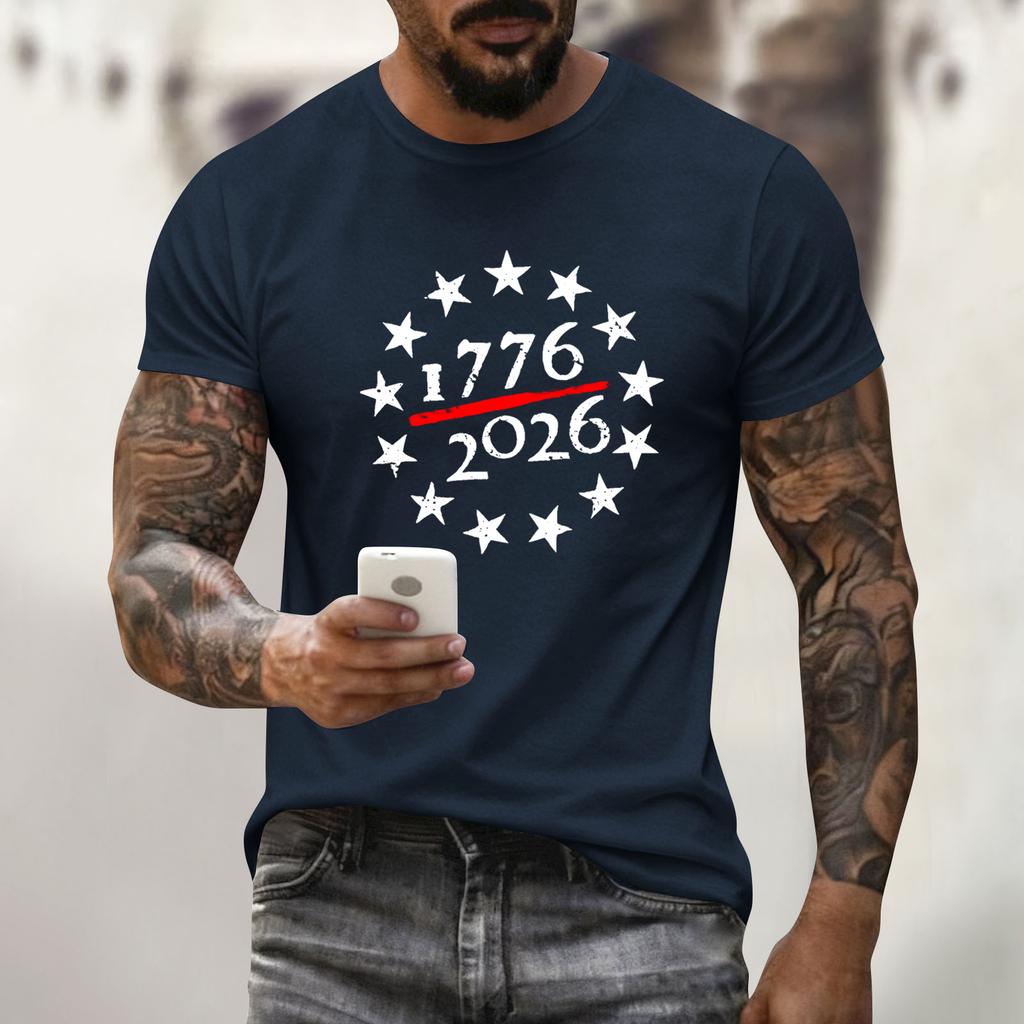 Men's Holiday Print Round Neck Short Sleeve Top Casual Sports Top