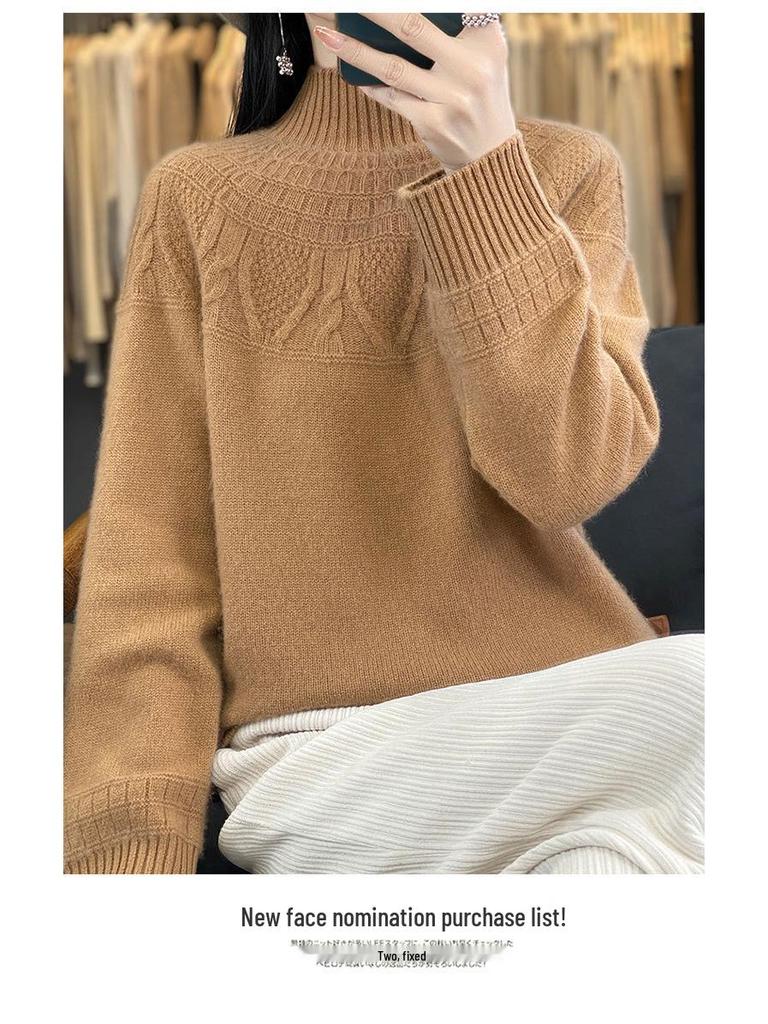 Women's Cashmere Sweater, 100% Wool, Semi-High Neck, Loose Fit, Perfect for Autumn and Winter.