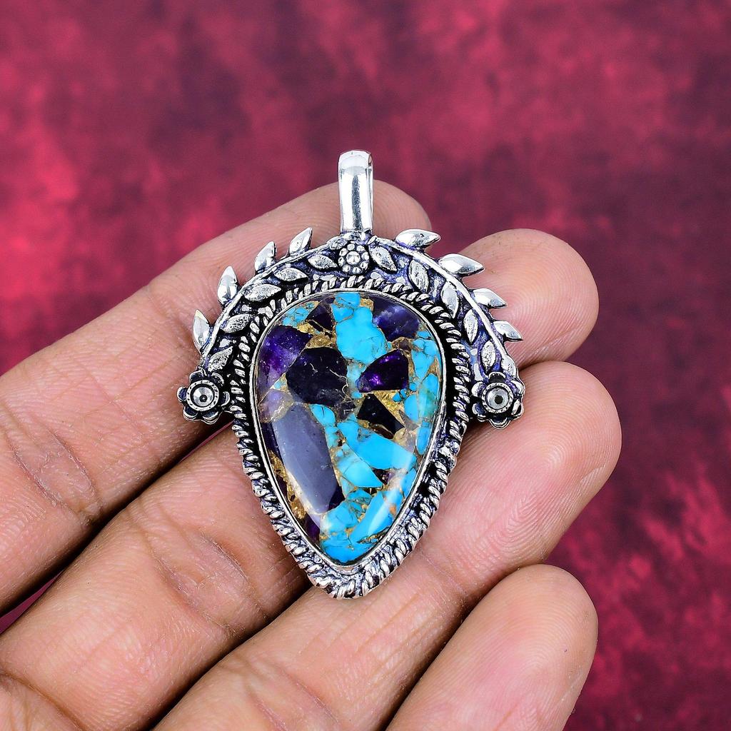Kupfer Amethyst Türkis Schmuck, 925 Massiv Sterlingsilber Anhänger Handgefertigter Edelsteinschmuck, Geschenke für Ehefrau Brandneuer Anhänger